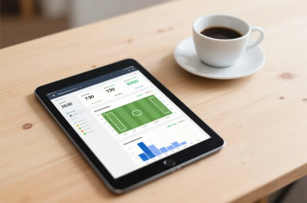 A close-up of a tablet screen showing sports statistics and match analysis charts, next to a cup of coffee on a clean wooden desk.