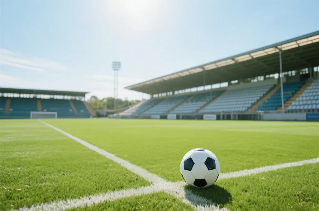 阳光照射下的绿色足球场与足球