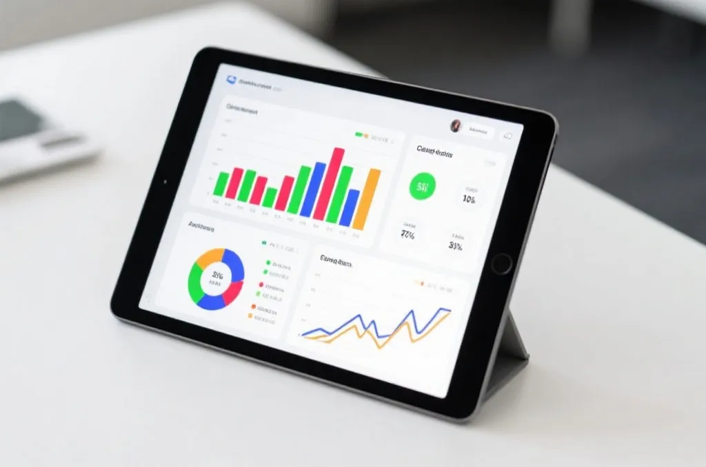A generic sports analytics dashboard displayed on a modern tablet screen, showing colorful bar charts and statistical graphs